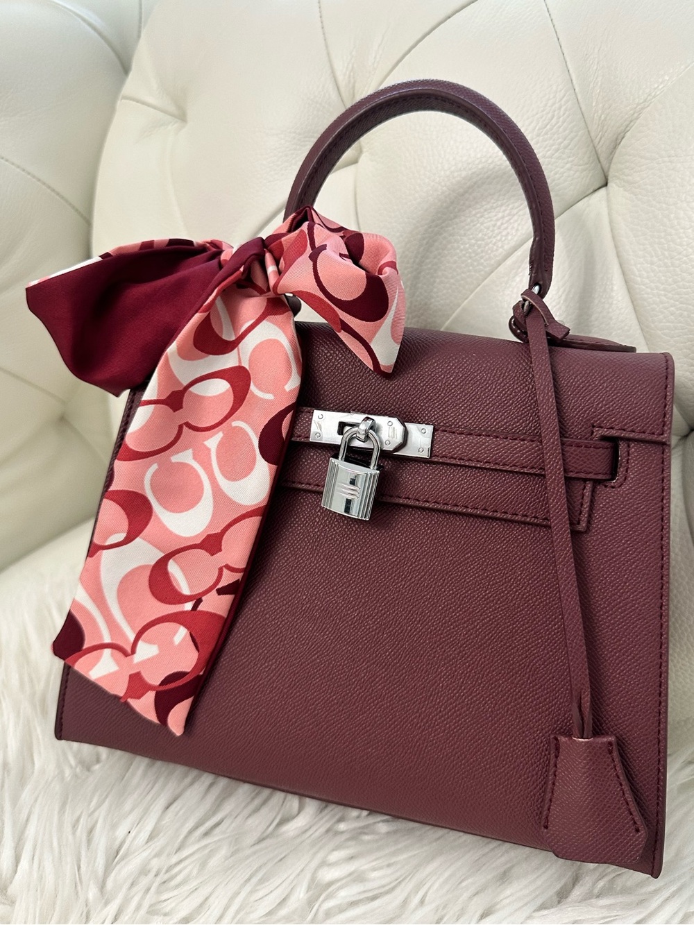 Structured Plum Top-Handle Satchel with Pink Scarf Accent(Scarf not Included)